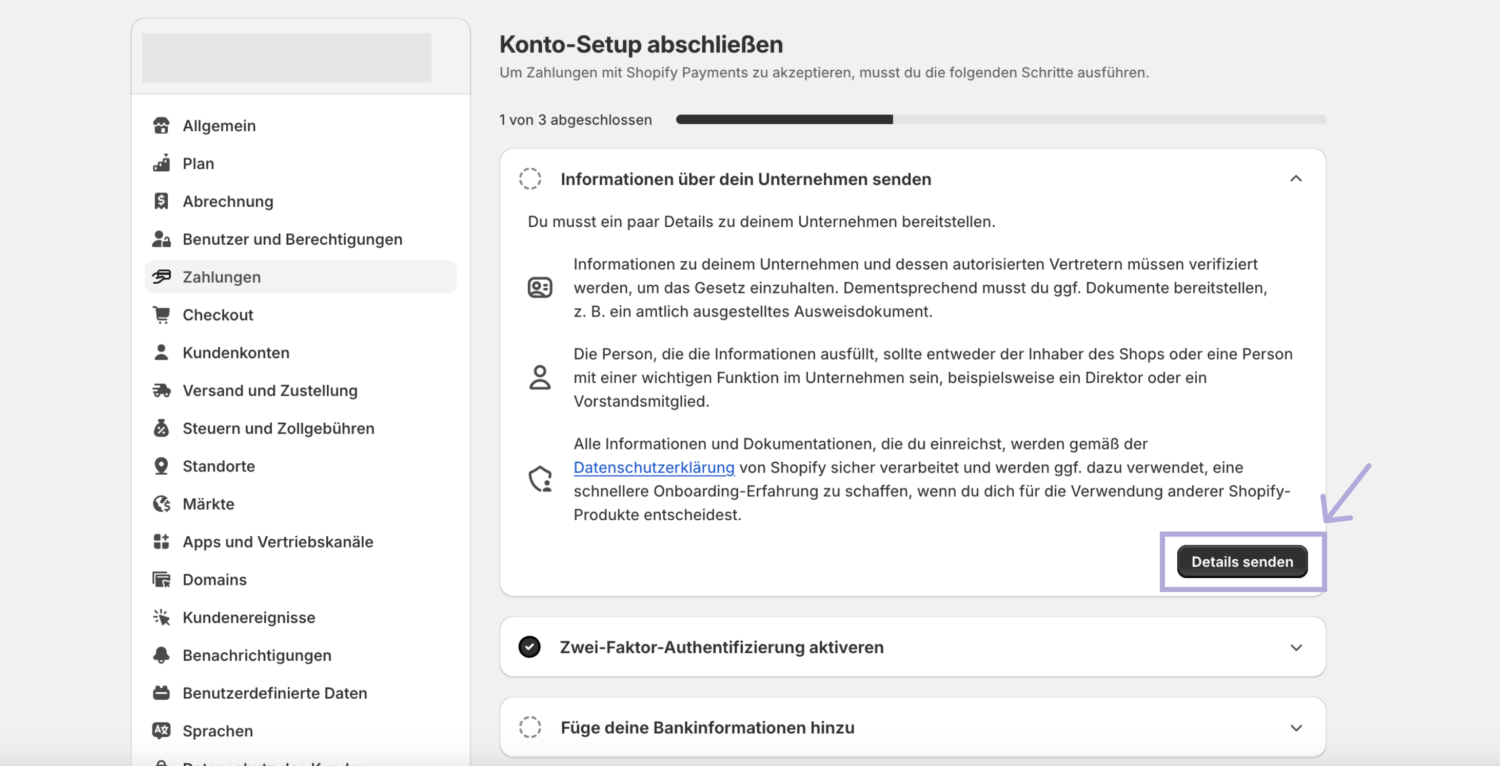 Shopify Payments - Unternehmensinfos eingeben