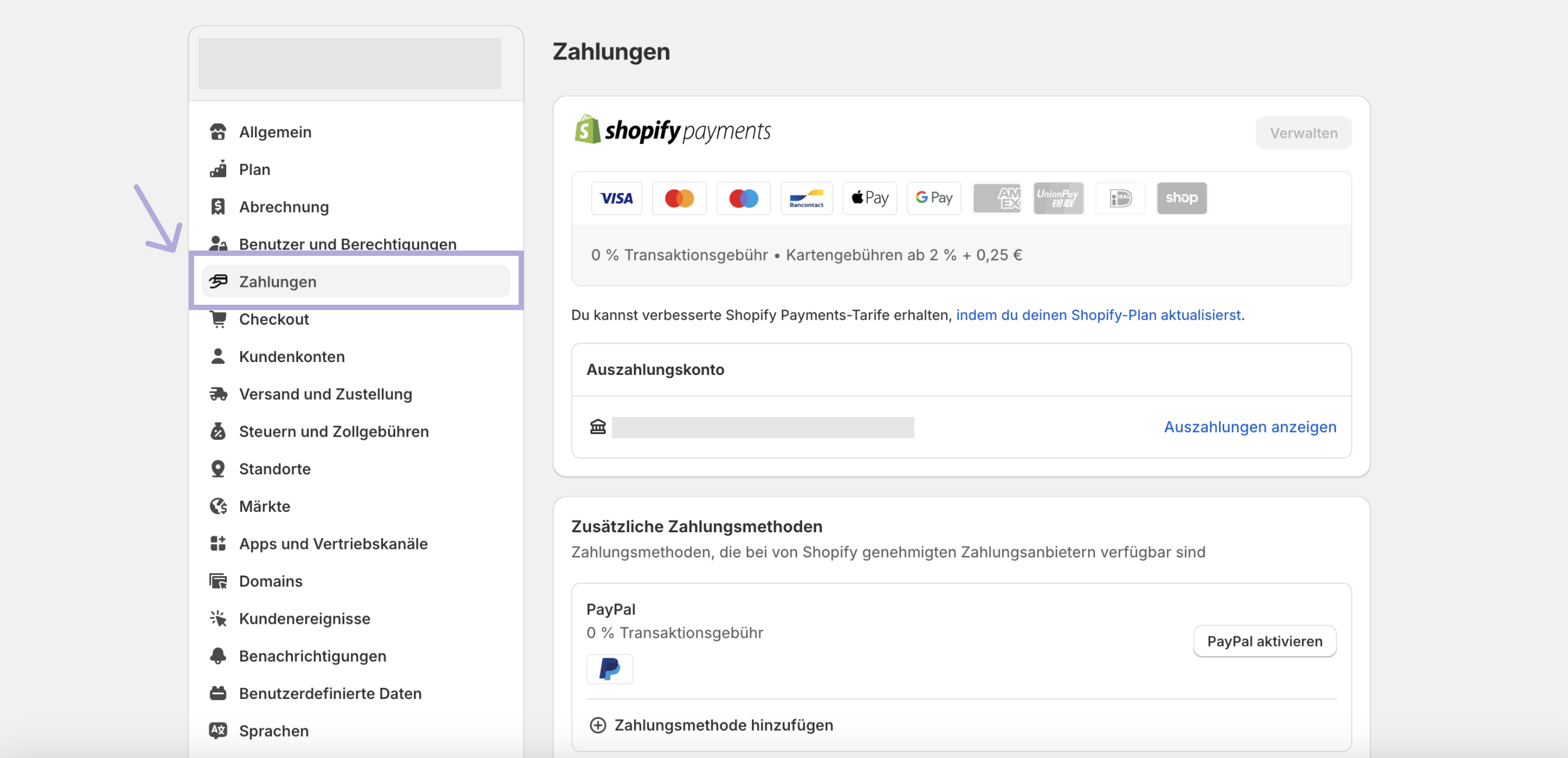 Shopify Payments einrichten - Klicke auf Zahlungen
