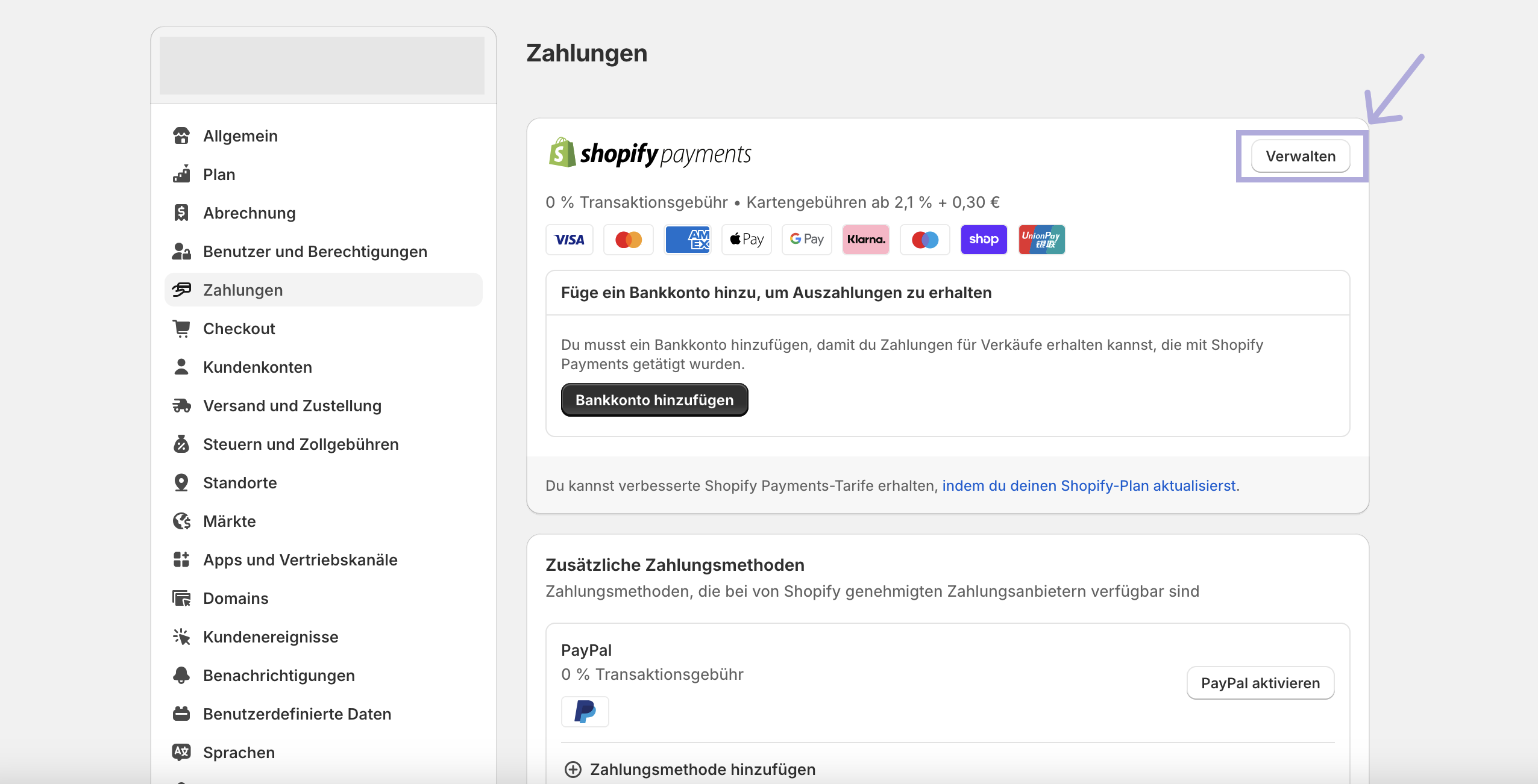 Shopify Payments verwalten