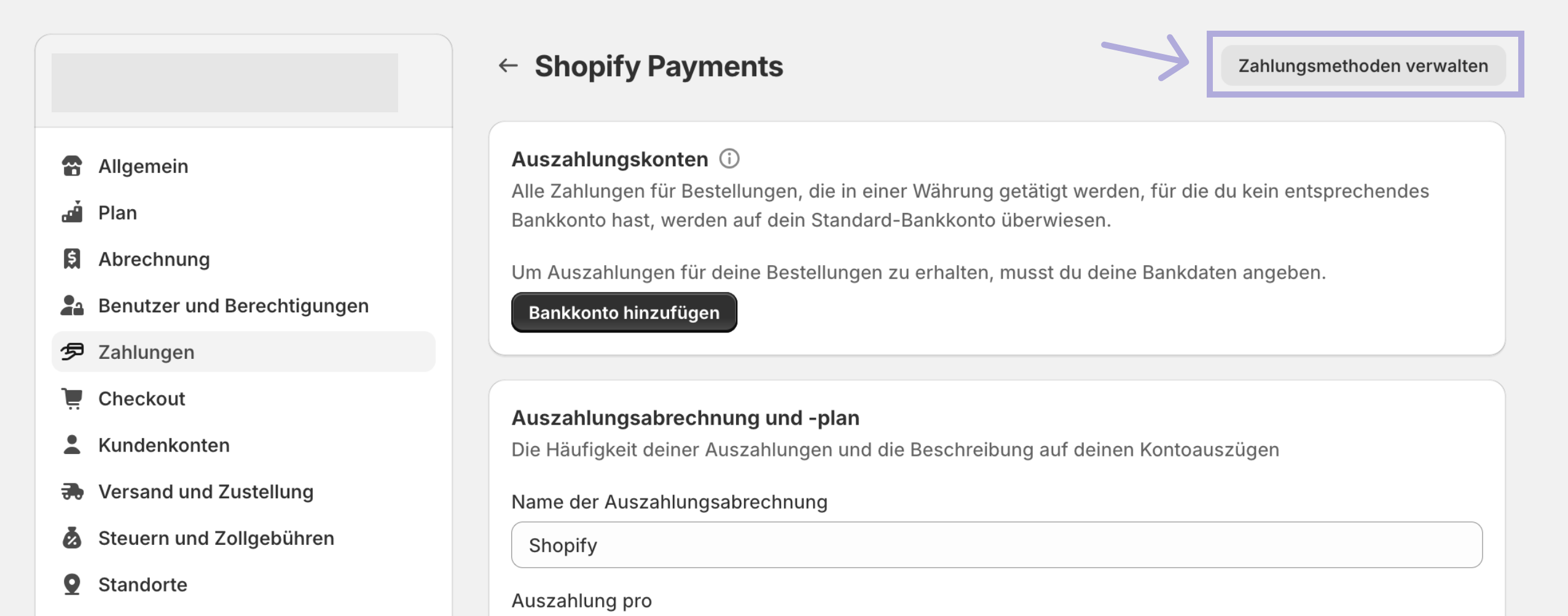 Shopify Payments - Zahlungsmethoden verwalten