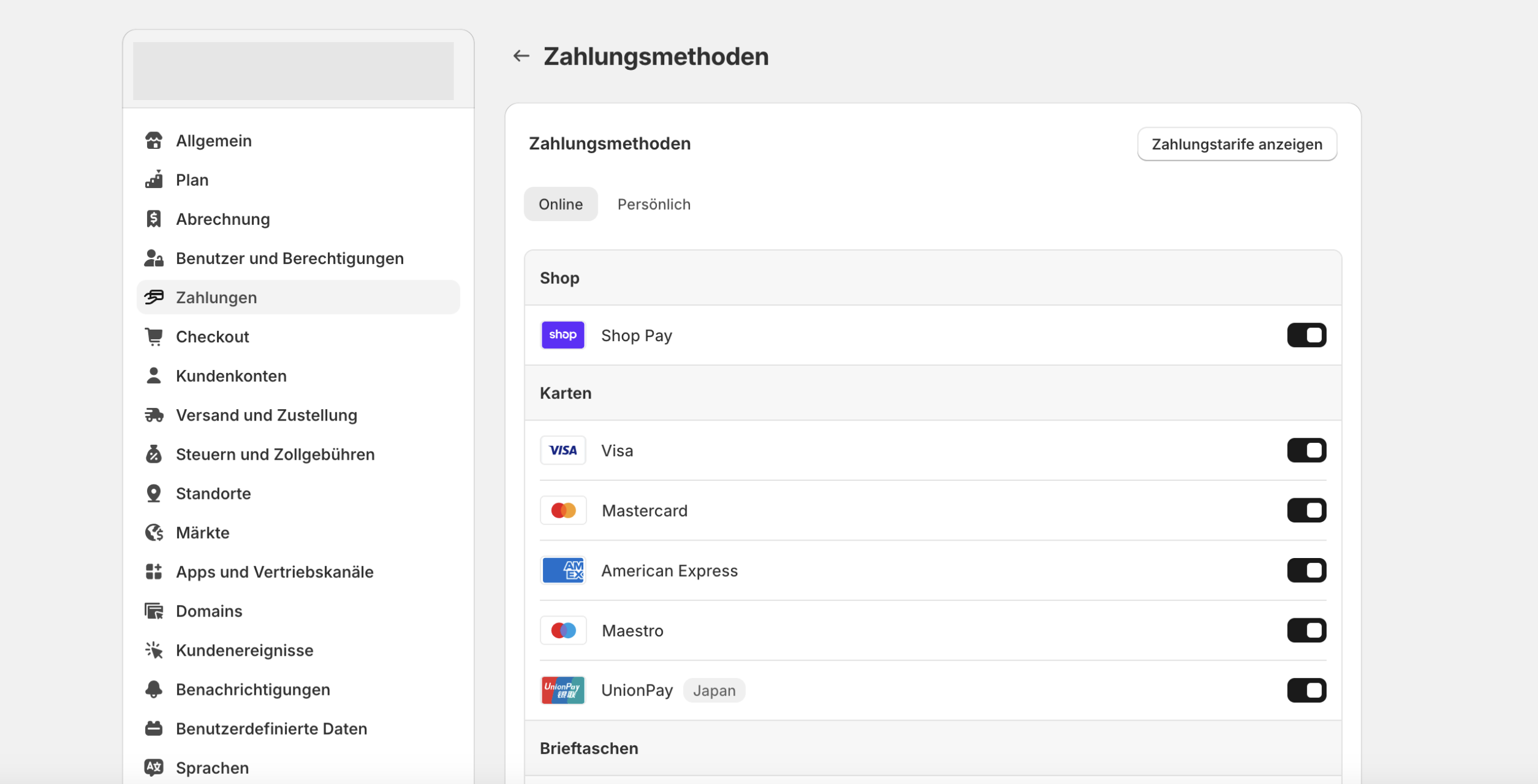 Shopify Payments - Zahlungsmethoden