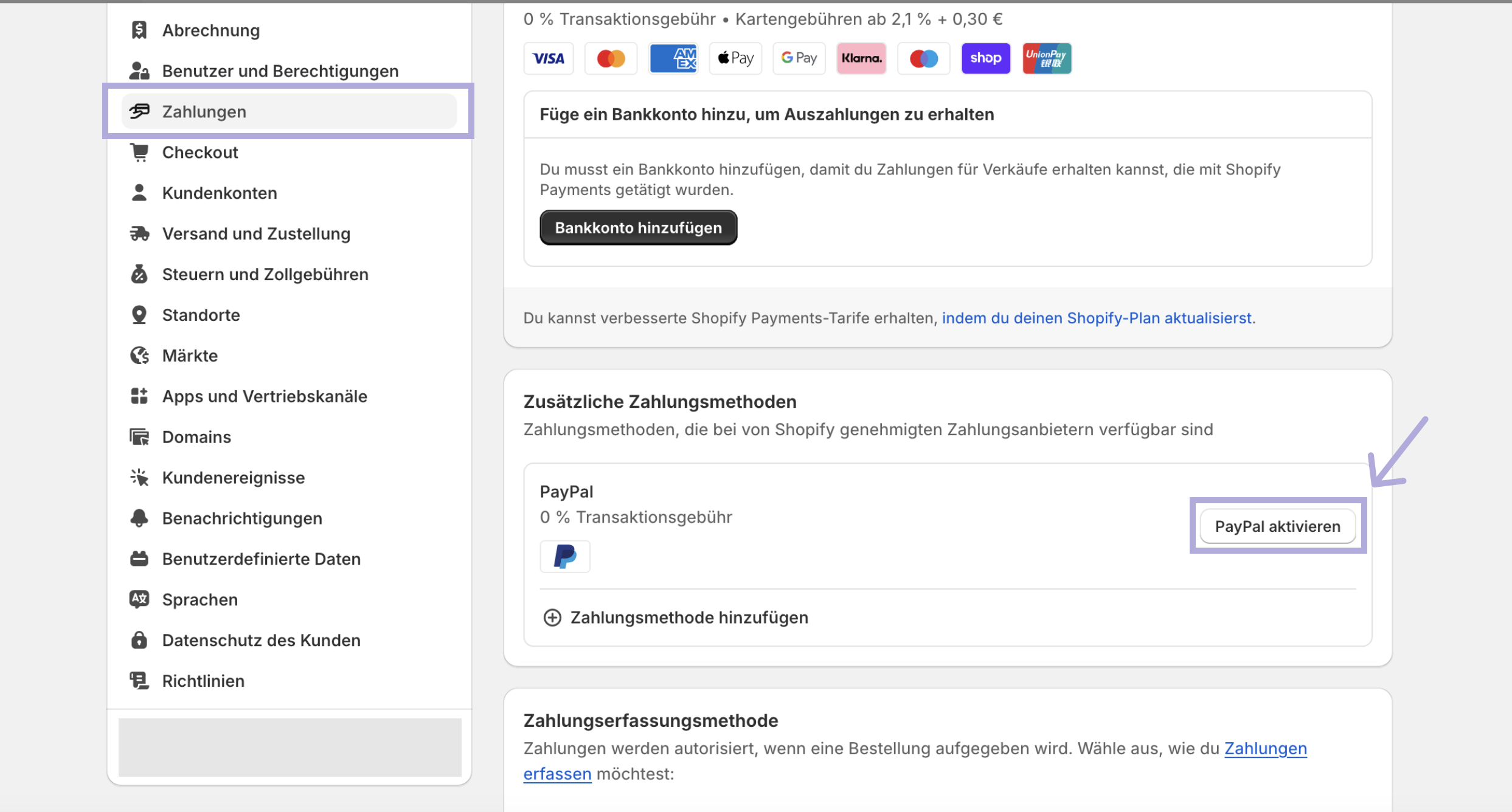 Shopify Payments - Paypal aktivieren
